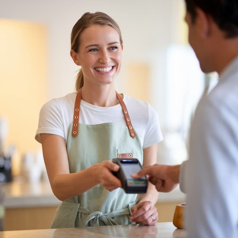 Brisbane small business owner processing a customer payment at a retail counter
